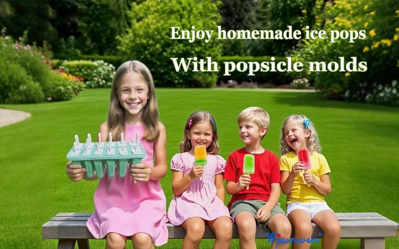 Wpunwen Silicone Popsicle Molds with Sticks 12 cavity Ice Popsicle MoldsIce Cream Mold with Clean Brush 12 Reusable Sticks 50 Sticks 50 Bags Green - Image 3